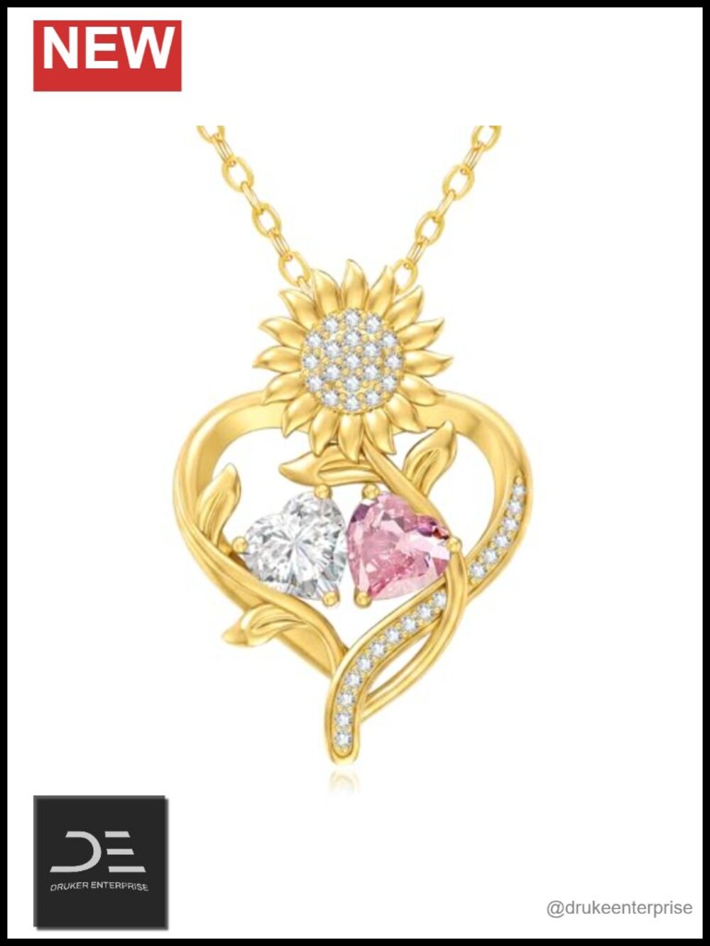 14K Gold Sunflower Heart Pendant Necklace with Birthstones, Anniversary